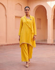 Yellow Silk Shawl Collar Draped Coord Set