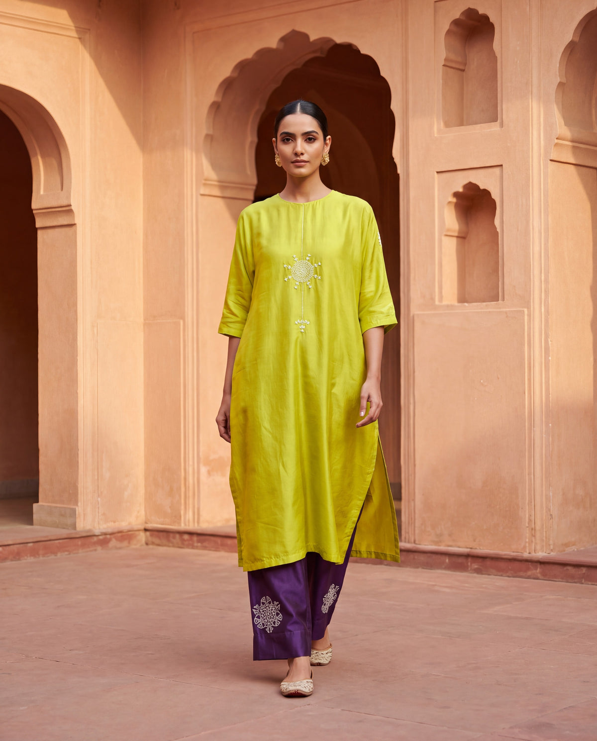 Pista Green and Purple Kurta Set