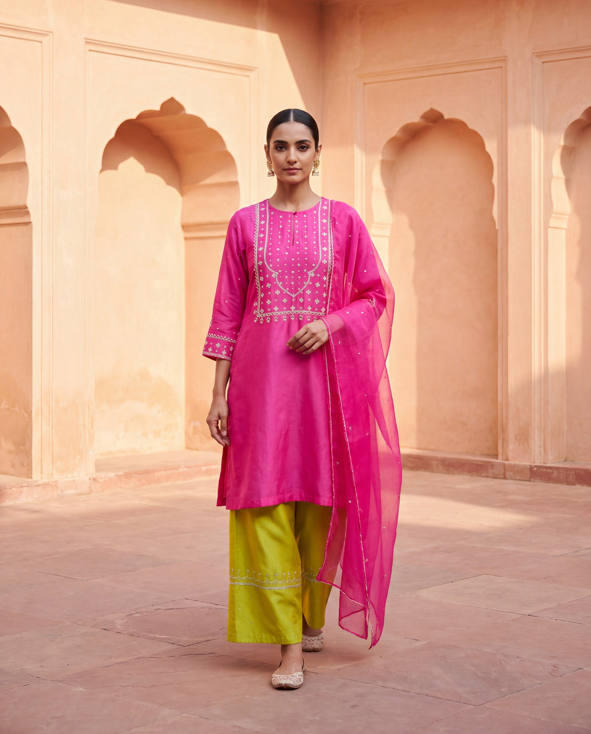 Fuchsia Kurta Set With Contrast Pants