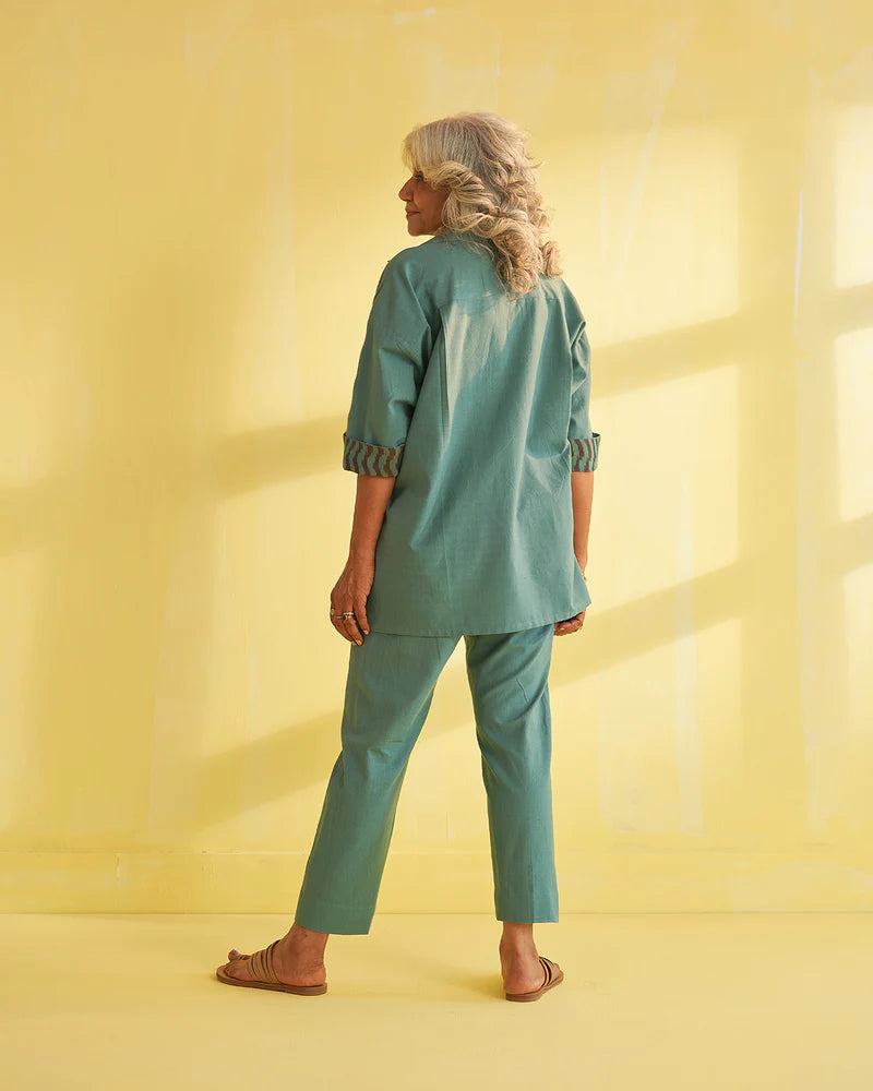 Teal Blue Handwoven Cotton &amp; Ikat Co-ord Set